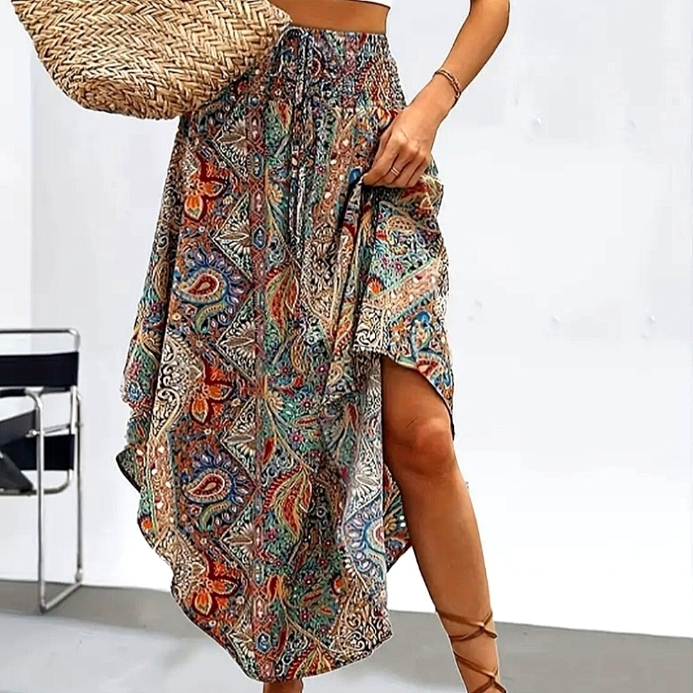 Boho Skirt Hi Lo Maxi  S M L XXL Paisley Bohemian Plus Size Skirts Elastic Waist